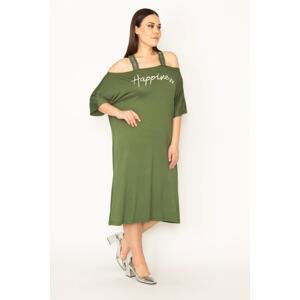 Şans Women's Plus Size Khaki Shimmer Detailed Front Printed Viscose Dress