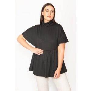 Şans Women's Plus Size Black Turtleneck Waist Gathered Low Sleeve Knitwear Blouse