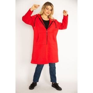Şans Women's Plus Size Red Inner Raised Fleece Fabric Front Zippered Kangaroo Pocket Hooded Coat