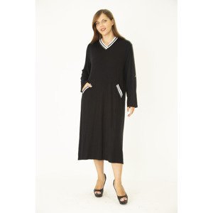 Şans Women's Plus Size Black Rib Detail V Neck Dress With Adjustable Sleeve Length With Pocket