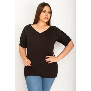 Şans Women's Plus Size Black Viscose Blouse with Sleeve Detail