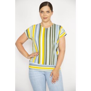 Şans Women's Colorful Large Size Cotton Fabric Low Sleeve Striped Blouse