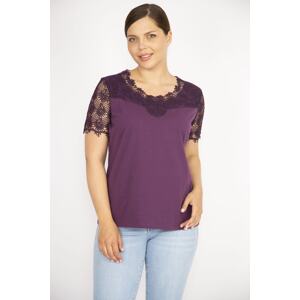 Şans Women's Plum Plus Size Cotton Fabric Lace Detailed Blouse