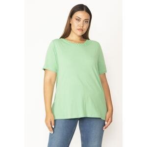 Şans Women's Large Size Green Cotton Fabric Collar Lace Short Sleeve Blouse