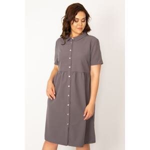 Şans Women's Plus Size Gray Front Length Buttoned Waist Gathered Collar Dress