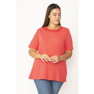 Şans Women's Plus Size Pomegranate Short Sleeve Blouse with Cotton Fabric with Lace Collar