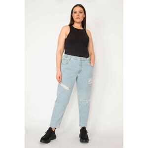 Şans Women's Plus Size Blue Ripped Detailed Side Belt Elastic 5 Pocket Jean Pants