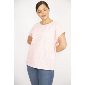 Şans Women's Pink Large Size Cotton Fabric Self Patterned Low Sleeve Blouse