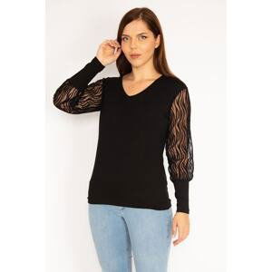 Şans Women's Plus Size Black Flocked Detailed Blouse