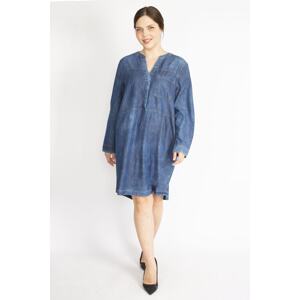 Şans Women's Navy Blue Plus Size Wash Effect Front Pat and Snap Buttoned Denim Dress