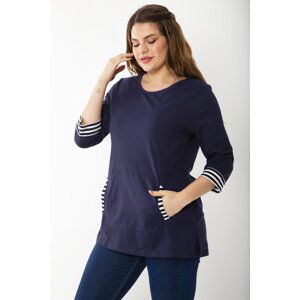 Şans Women's Plus Size Navy Blue Cotton Fabric Kangaroo Pocket Striped Garnish Blouse