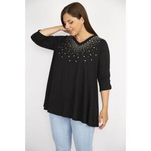 Şans Women's Black Plus Size Stone Embroidered V-Neck Sleeve Elastic Gathered Blouse