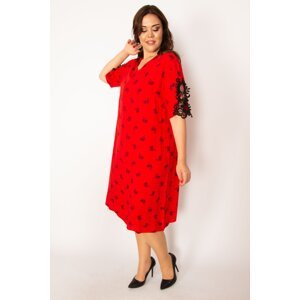 Şans Women's Plus Size Red Woven Viscose Fabric V Neck Lace Detailed Dress