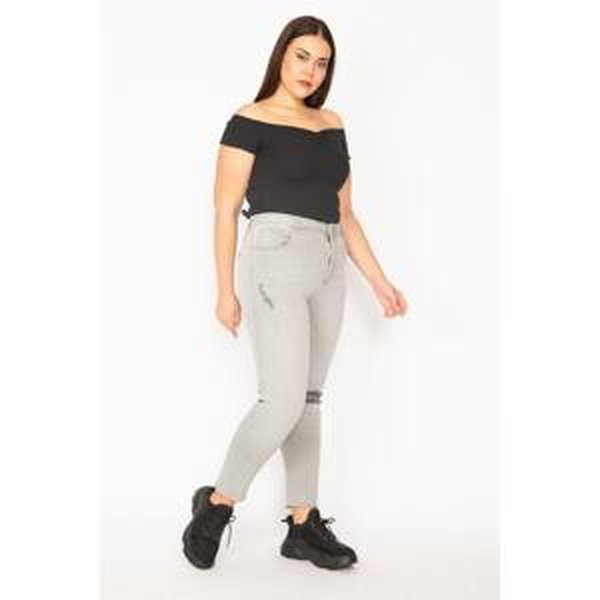 Şans Women's Plus Size Gray Lycra Jeans Ripped Detailed 5-Pocket Skinny Trousers