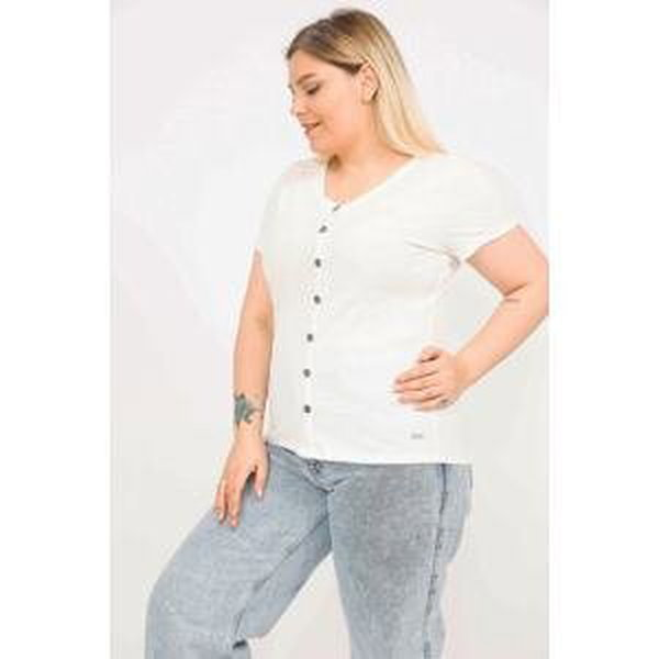 Şans Women's Bone Plus Size Striped blouse with ornamental buttons at the front