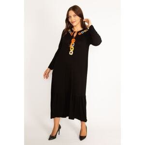 Şans Women's Plus Size Black Embroidery Detailed Long Sleeve Layered Dress