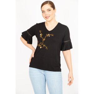 Şans Women's Black Plus Size V-Neck Blouse With Front Embroidery And Lace Detailed Sleeves