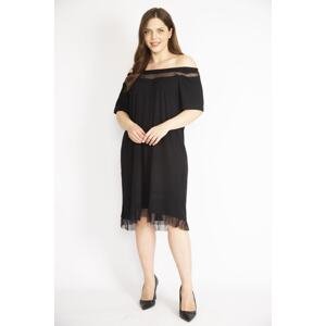 Şans Women's Black Plus Size Collar And Skirt Tulle Detail Elastic Collar Dress