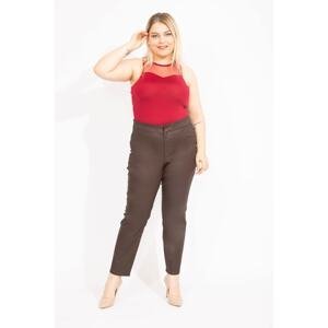 Şans Women's Brown Plus Size Faux Leather Trousers With a Hidden Belt, No Pocket