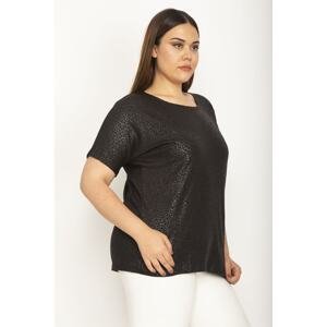 Şans Women's Plus Size Black Flocked Fabric Self Patterned Low Sleeve Blouse