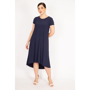 Şans Women's Navy Blue Plus Size Crew Neck Long Short Sleeve Back Dress