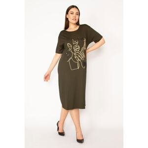 Şans Women's Plus Size Khaki Embroidery And Sequin Detailed Dress