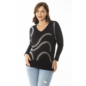 Şans Women's Plus Size Black Stone Detailed V-Neck Long Sleeve Blouse