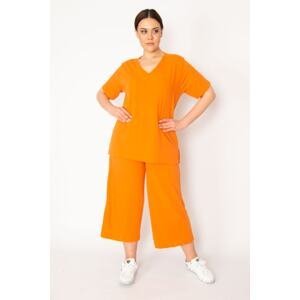 Şans Women's Orange Camisole Knitted Elastic Waist, Wide Legs Pants, V-neck Blouse Suit