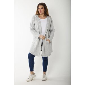 Şans Women's Plus Size Gray Hooded Cardigan With Cup And Vep Detail