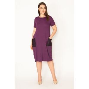 Şans Women's Plus Size Plum Pocket Detailed Short Sleeve Viscose Dress