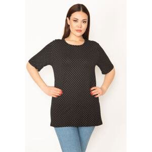 Şans Women's Plus Size Black Points Patterned Crew Neck Short Sleeve Blouse