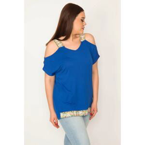 Şans Women's Plus Size Saxe Blue Decollete Straps And Sequin Lace Detail Blouse At Hem