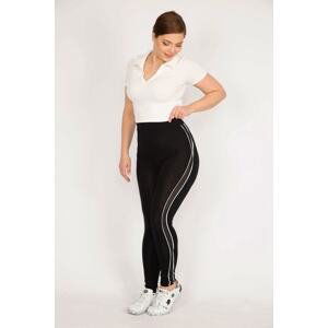 Şans Women's Black Plus Size Leggings with Tulle and Stripe Detail on the Sides