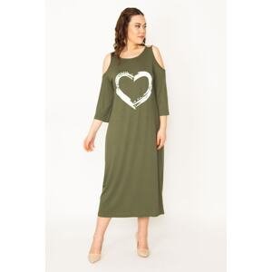 Şans Women's Plus Size Khaki Decollete Front Printed Dress