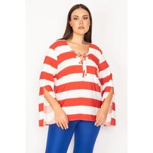 Şans Women's Plus Size Red Collar Striped Blouse with Eyelets and Lace-Up Detail with a Sleeve Slit