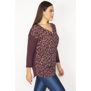 Şans Women's Plus Size Plum Front Patterned Zip-Face Capri Sleeve Blouse