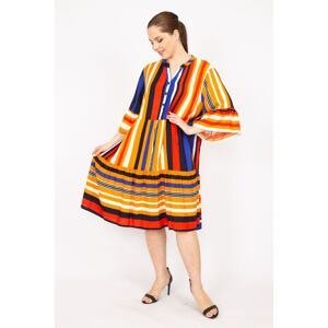 Şans Women's Mustard Plus Size Woven Fabric V Neck Front Pat Buttoned Layered Dress