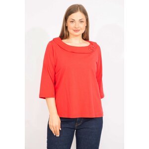 Şans Women's Red Plus Size Cotton Fabric Buckled Collar Ornamental Blouse
