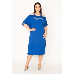 Şans Women's Plus Size Saks Silvery Detailed Front Printed Viscose Dress