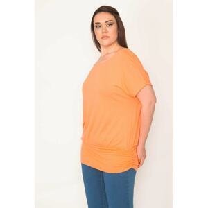 Şans Women's Plus Size Orange Crew Neck Hem Tape Low Sleeve Tunic