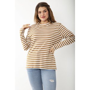 Şans Women's Plus Size Milk Brown Long Sleeve Striped Blouse