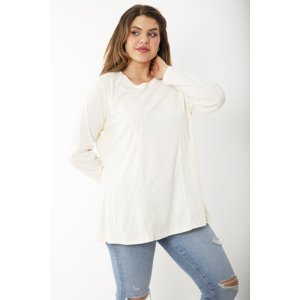 Şans Women's Plus Size Bone Cotton Fabric Cup Detail Long Sleeve Blouse