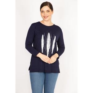 Şans Women's Navy Blue Plus Size Stone And Print Detailed Blouse