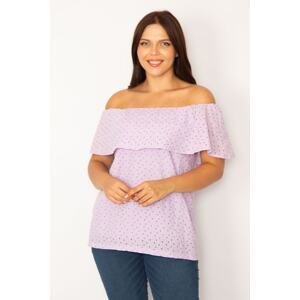 Şans Women's Plus Size Lilac Collar With Elastic And Flounces Embroidery Holes, Work Fabric Lined Blouse