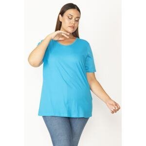 Şans Women's Plus Size Turquoise Cotton Fabric V-Neck Short Sleeve Blouse