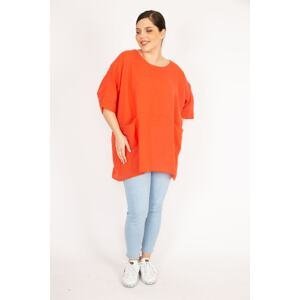 Şans Women's Orange Plus Size Low Sleeve Pocket Tunic