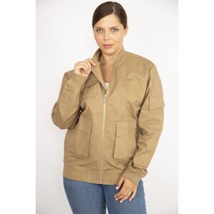 Şans Women's Camel Plus Size Coat, Front Zipper, Pocket Detail, Unlined.