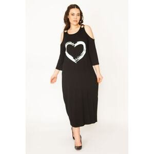 Şans Women's Plus Size Black Decollete Decollete Front Printed Dress