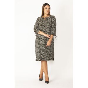 Şans Women's Black Viscose Fabric Crisp Patterned Dress With Tie Collar And Sleeve