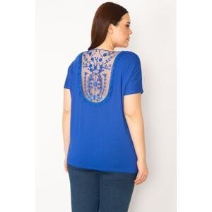 Şans Women's Plus Size Saxe Blue Back Lace Detail V-Neck Viscose Blouse